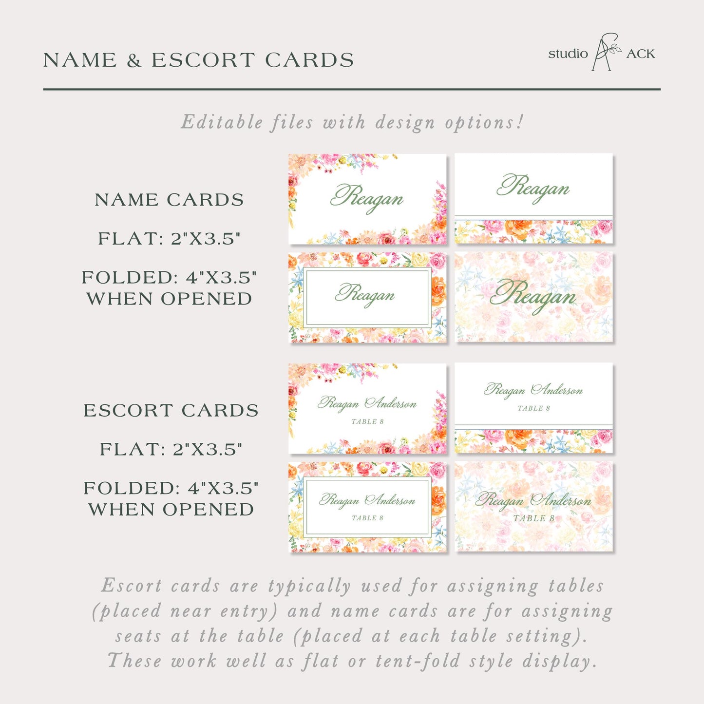 a collection of name and escort cards, which are typically used for assigning tables and name cards are for assigning seats at the table. These work well as flat or tent-fold style display. The cards are designed with design options, allowing for customization.