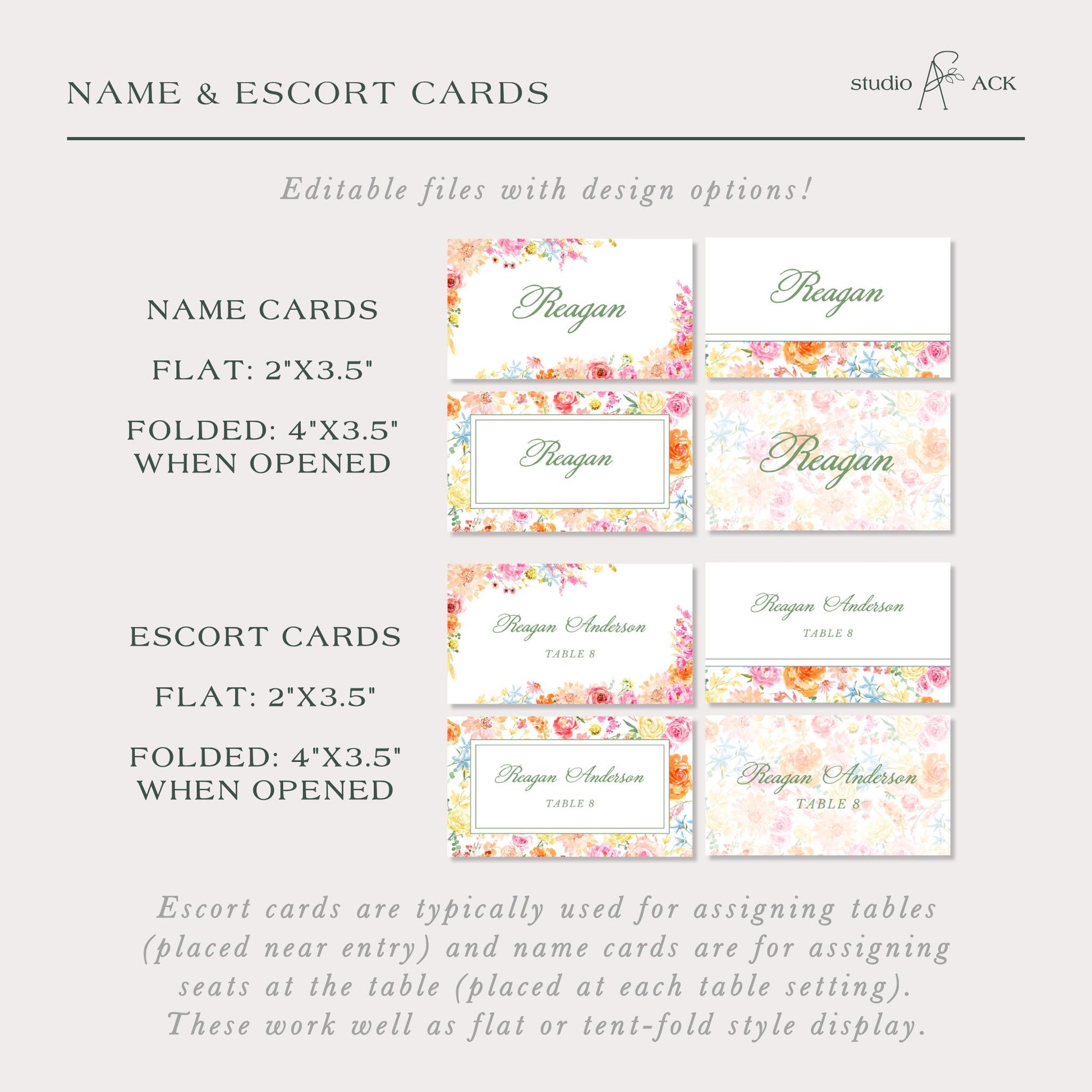 a collection of name and escort cards, which are typically used for assigning tables and name cards are for assigning seats at the table. These work well as flat or tent-fold style display. The cards are designed with design options, allowing for customization.