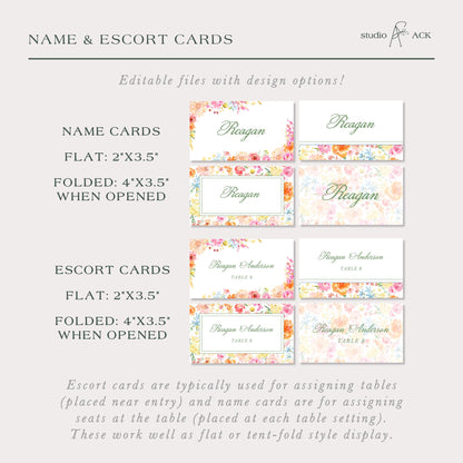 a collection of name and escort cards, which are typically used for assigning tables and name cards are for assigning seats at the table. These work well as flat or tent-fold style display. The cards are designed with design options, allowing for customization.