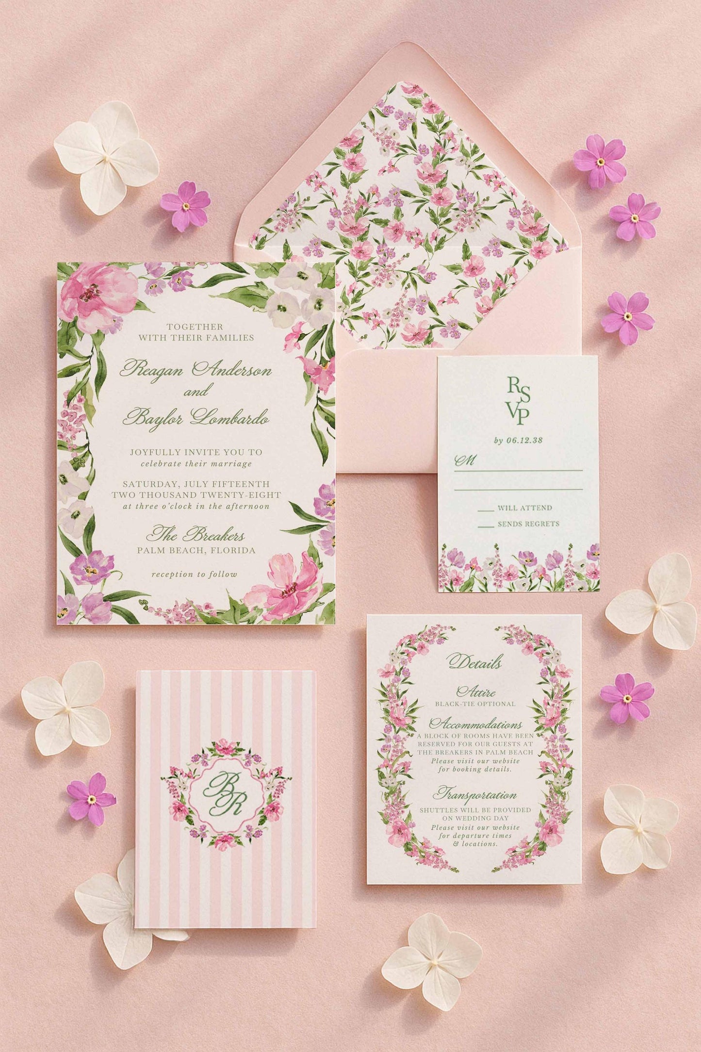 Purple Floral Wedding Invitation Suite Template
