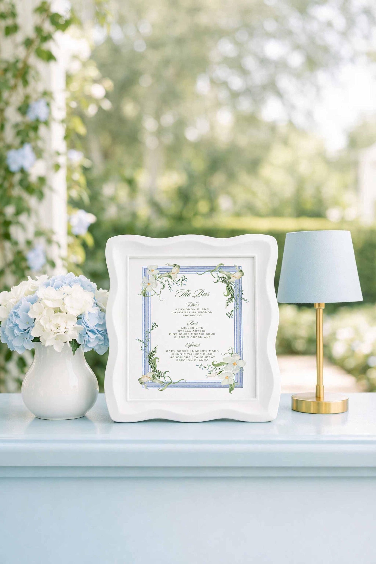 Blue, White & Green Wedding Bar Menu Template