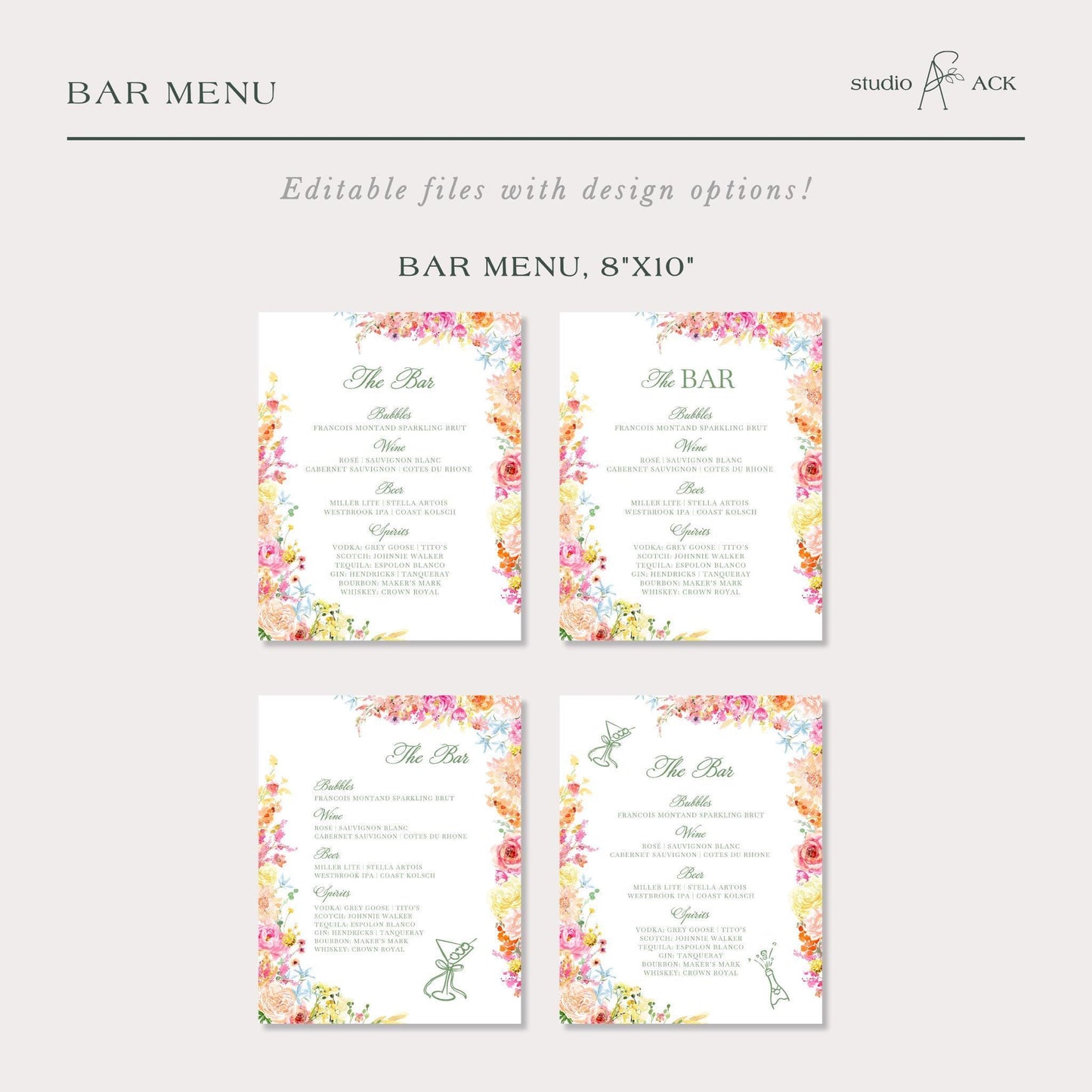 Colorful Floral Wedding Bar Menu Template