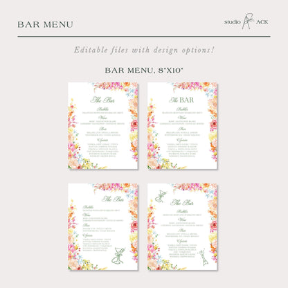 Colorful Floral Wedding Bar Menu Template