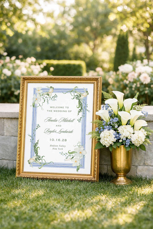 Blue, White & Green Wedding Welcome Sign Template