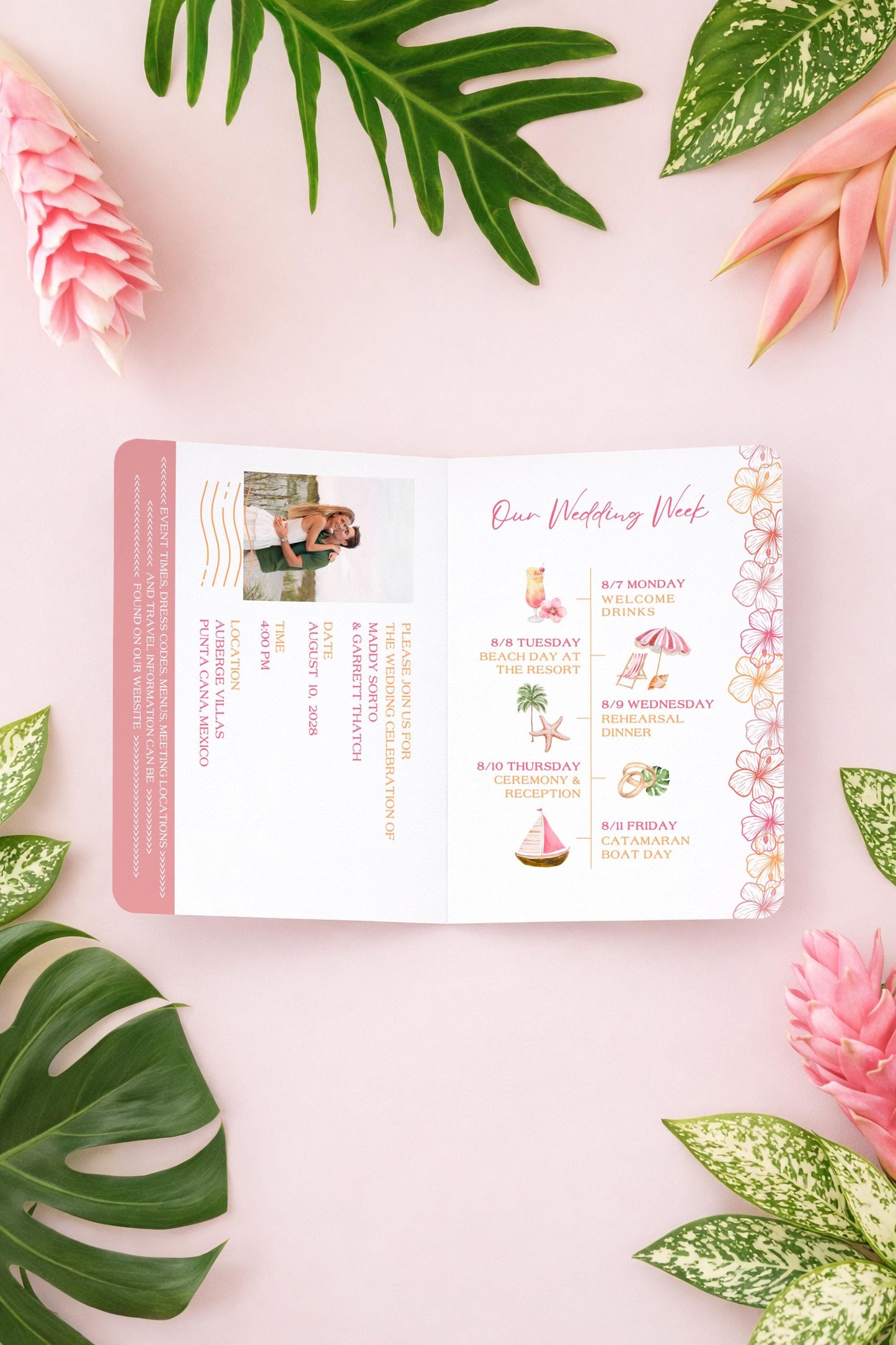Pink & Orange Tropical Wedding Passport Invitation Template
