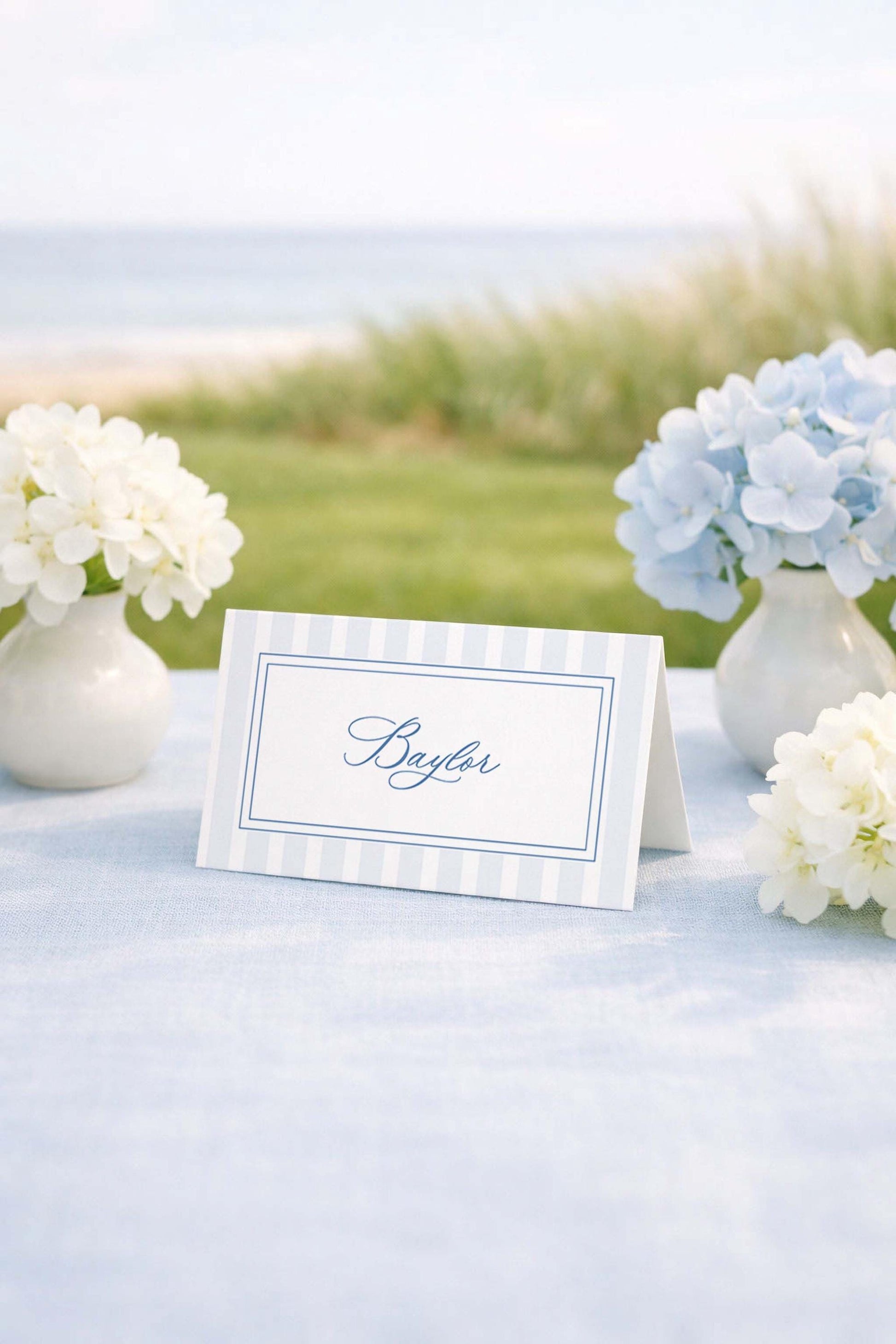 a table with a white tablecloth, a white card with the name "Baylar" written on it, and two vases of white flowers. The table is set against a backdrop of a grassy field and a body of water, creating a serene and picturesque setting.