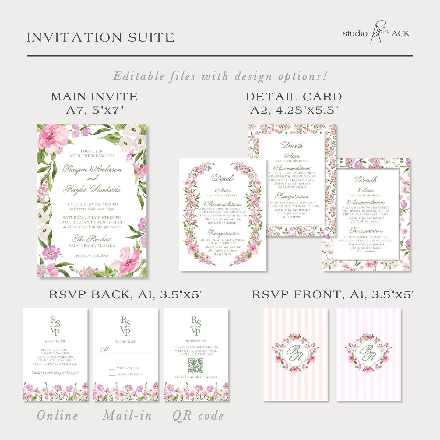 Purple Floral Wedding Invitation Suite Template