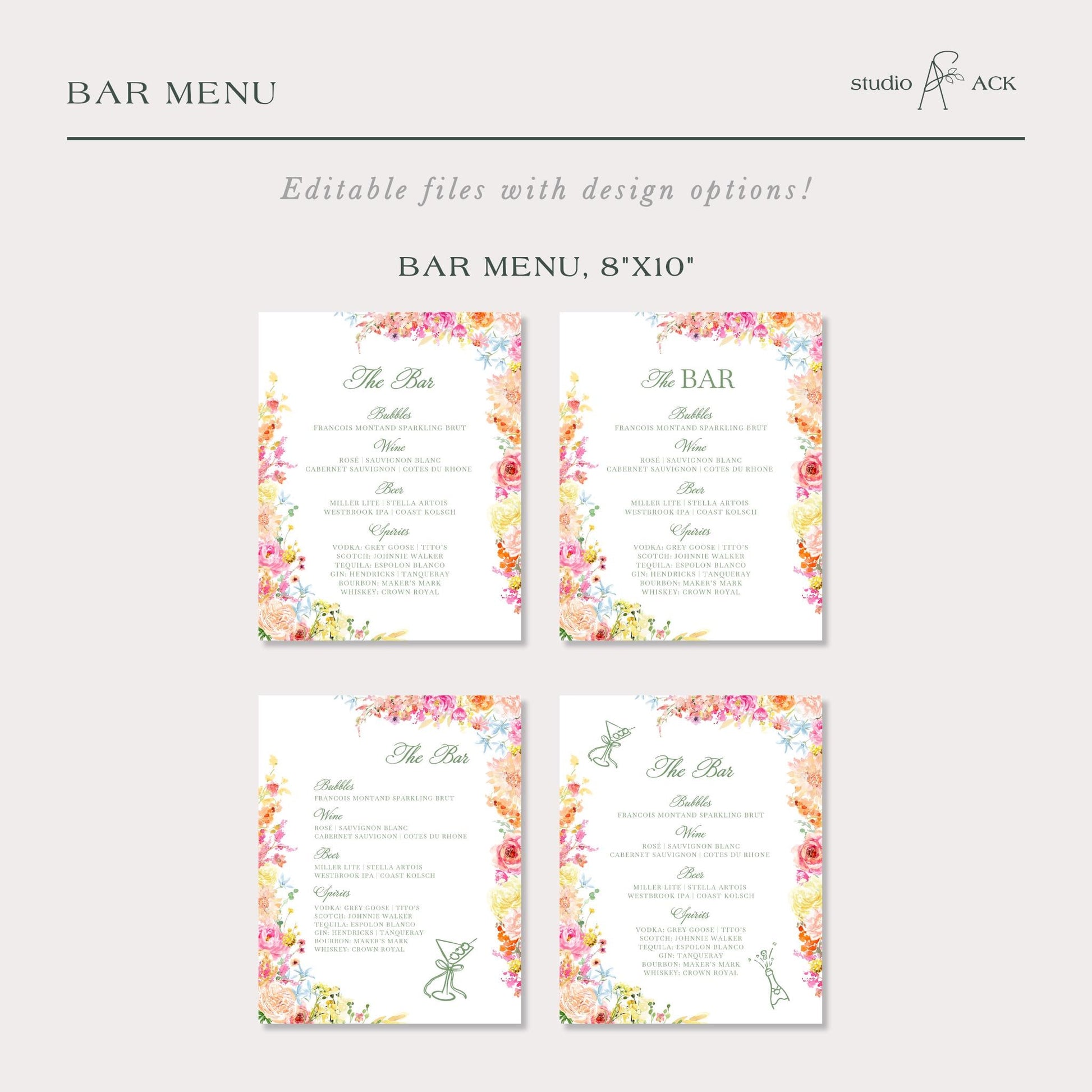 a set of four bar menu cards with floral designs, each featuring a different section of the menu.