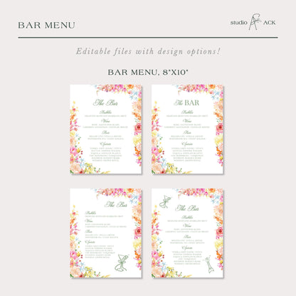 a set of four bar menu cards with floral designs, each featuring a different section of the menu.