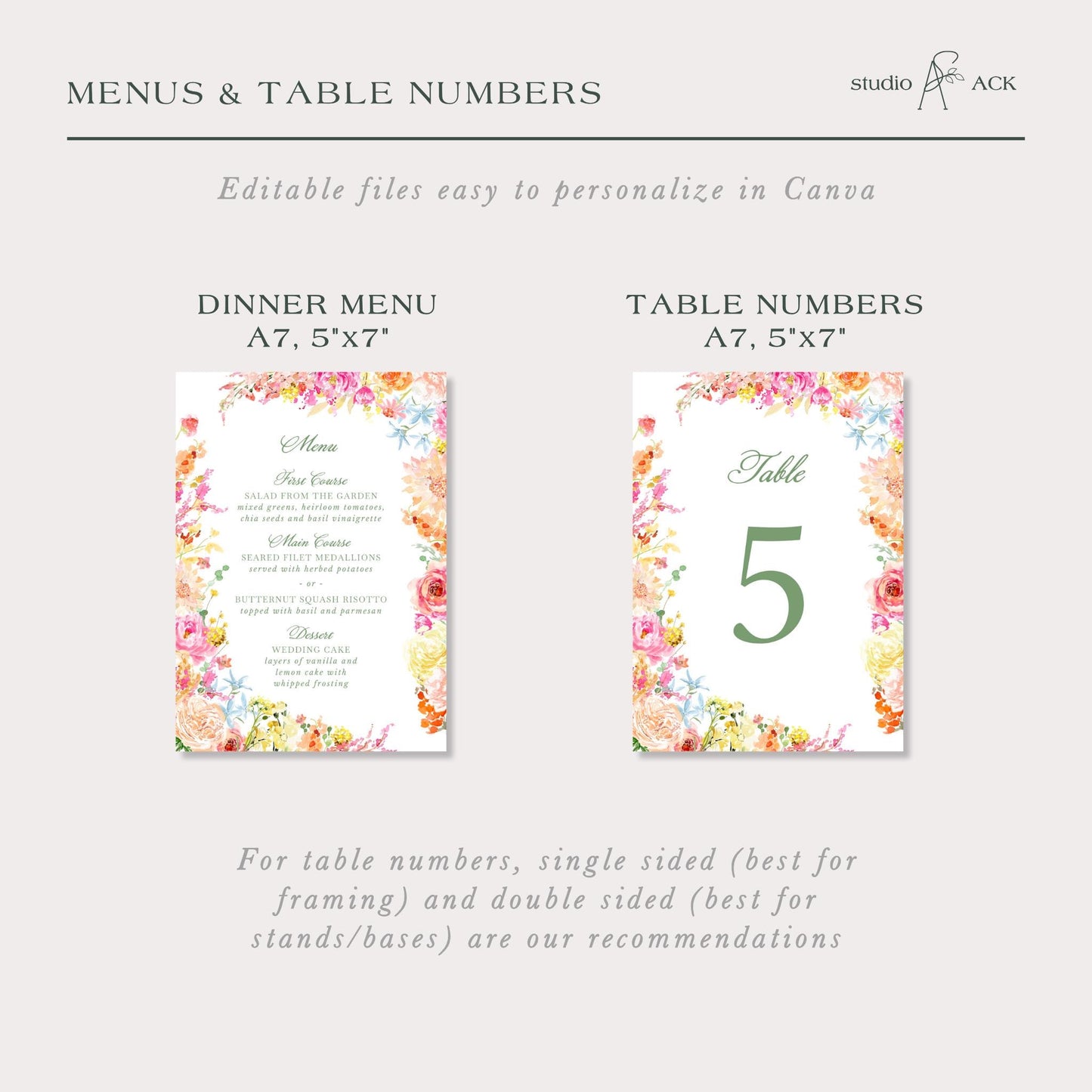 two different floral-themed menus and table numbers, providing recommendations for table framing and table bases based on the size of the table numbers.