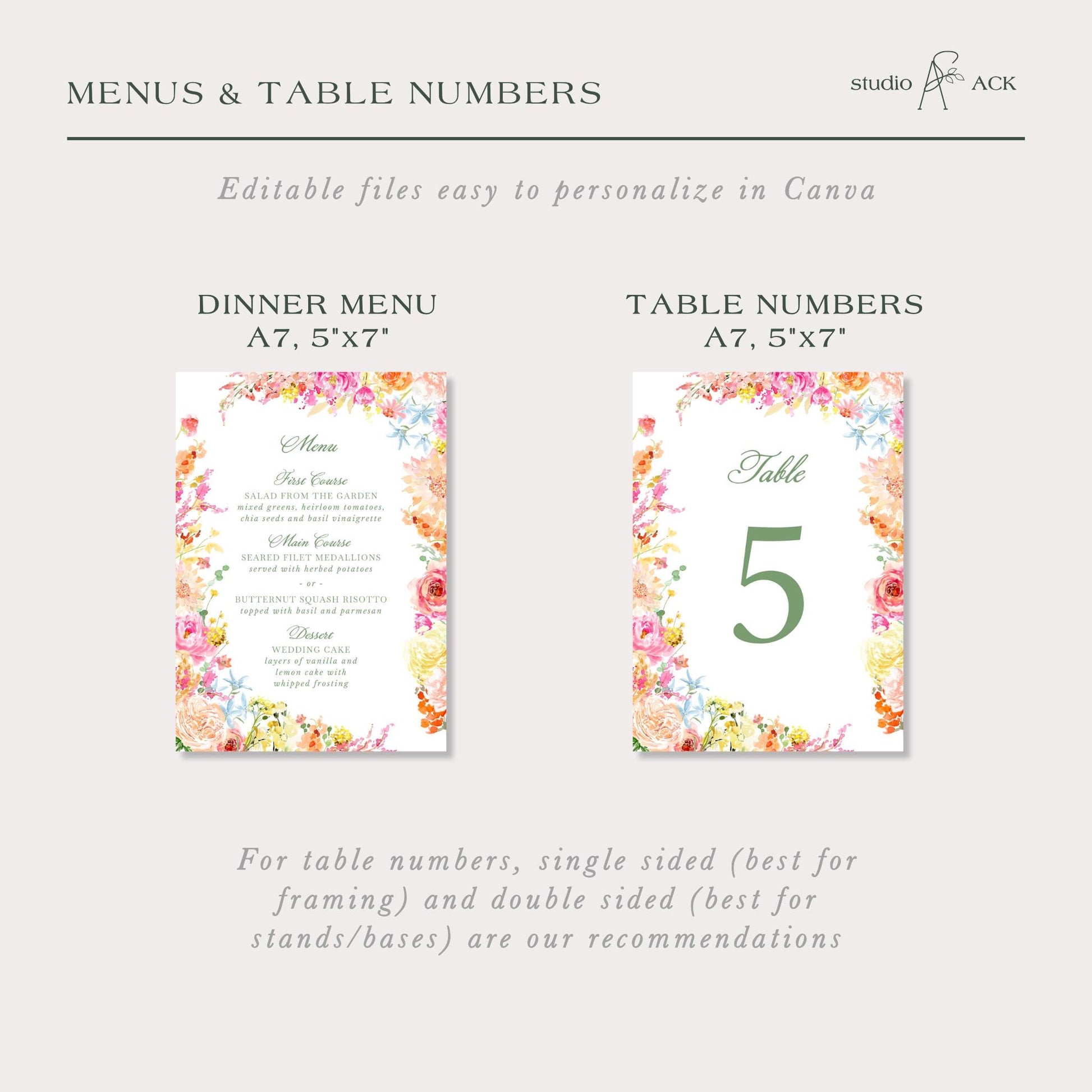 two different floral-themed menus and table numbers, providing recommendations for table framing and table bases based on the size of the table numbers.