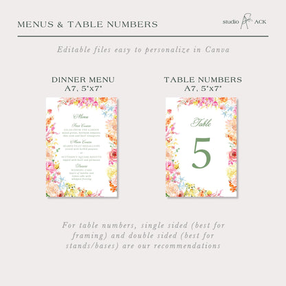 two different floral-themed menus and table numbers, providing recommendations for table framing and table bases based on the size of the table numbers.
