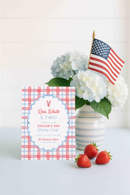 Red, White & Two Birthday Invitation Template