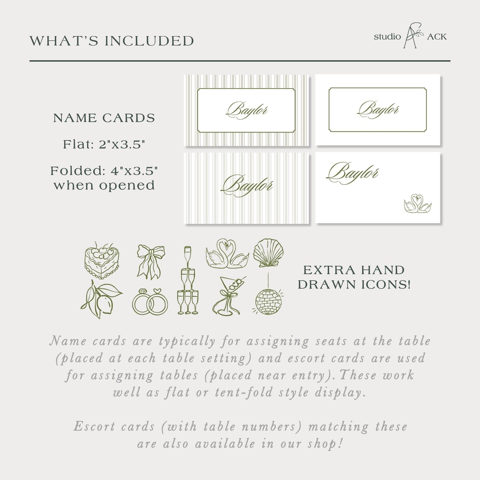 a collection of name cards and escort cards, which are typically used for assigning seats at a table and escorting guests to the entrance of an event. The name cards are typically used for seating arrangements, while escort cards are used for escorting guests to the entrance. The image also includes some additional hand-drawn icons, which are available in the shop.