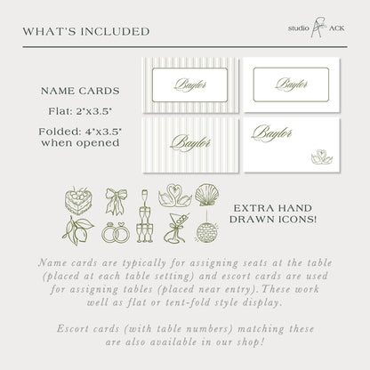 a collection of name cards and escort cards, which are typically used for assigning seats at a table and escorting guests to the entrance of an event. The name cards are typically used for seating arrangements, while escort cards are used for escorting guests to the entrance. The image also includes some additional hand-drawn icons, which are available in the shop.