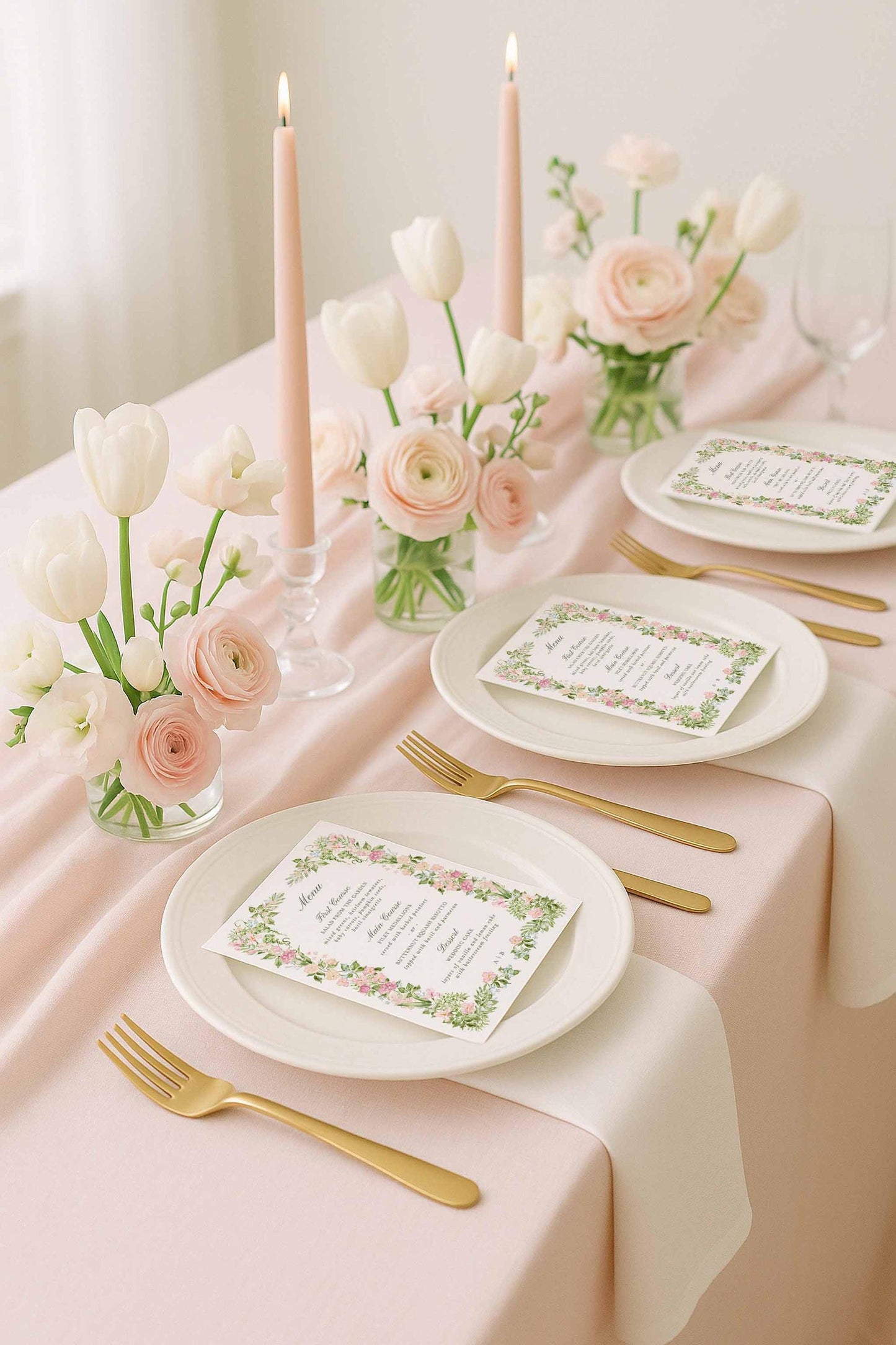 Styled tabletop scene featuring an editable watercolor floral wedding menu positioned on a neutral plate setting, designed to match the Floral2 invitation suite.