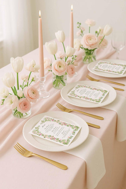 Styled tabletop scene featuring an editable watercolor floral wedding menu positioned on a neutral plate setting, designed to match the Floral2 invitation suite.