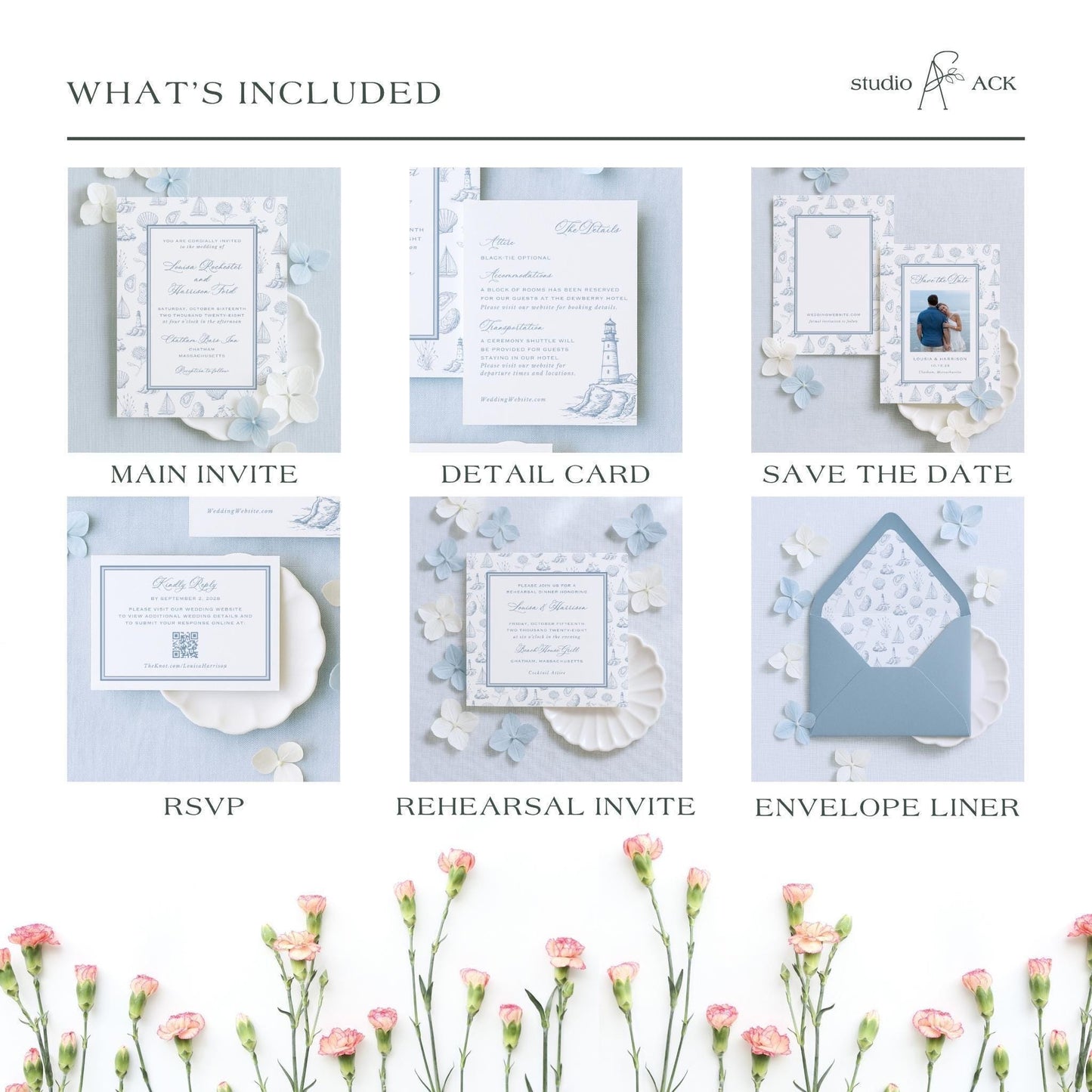 Coastal Toile Wedding Template Bundle