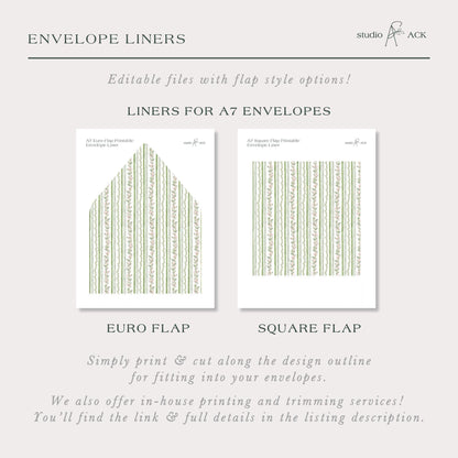 The image is a collection of two envelope liners, one for A7 envelopes and the other for A6 envelopes. The liners are designed with a repeating pattern of green and white stripes, and they can be printed and cut along the design outline to fit into A7 and A6 envelopes. The image also mentions that the studio and ACK offer in-house printing and trimming services, and the viewer can find the link and full details in the listing description.