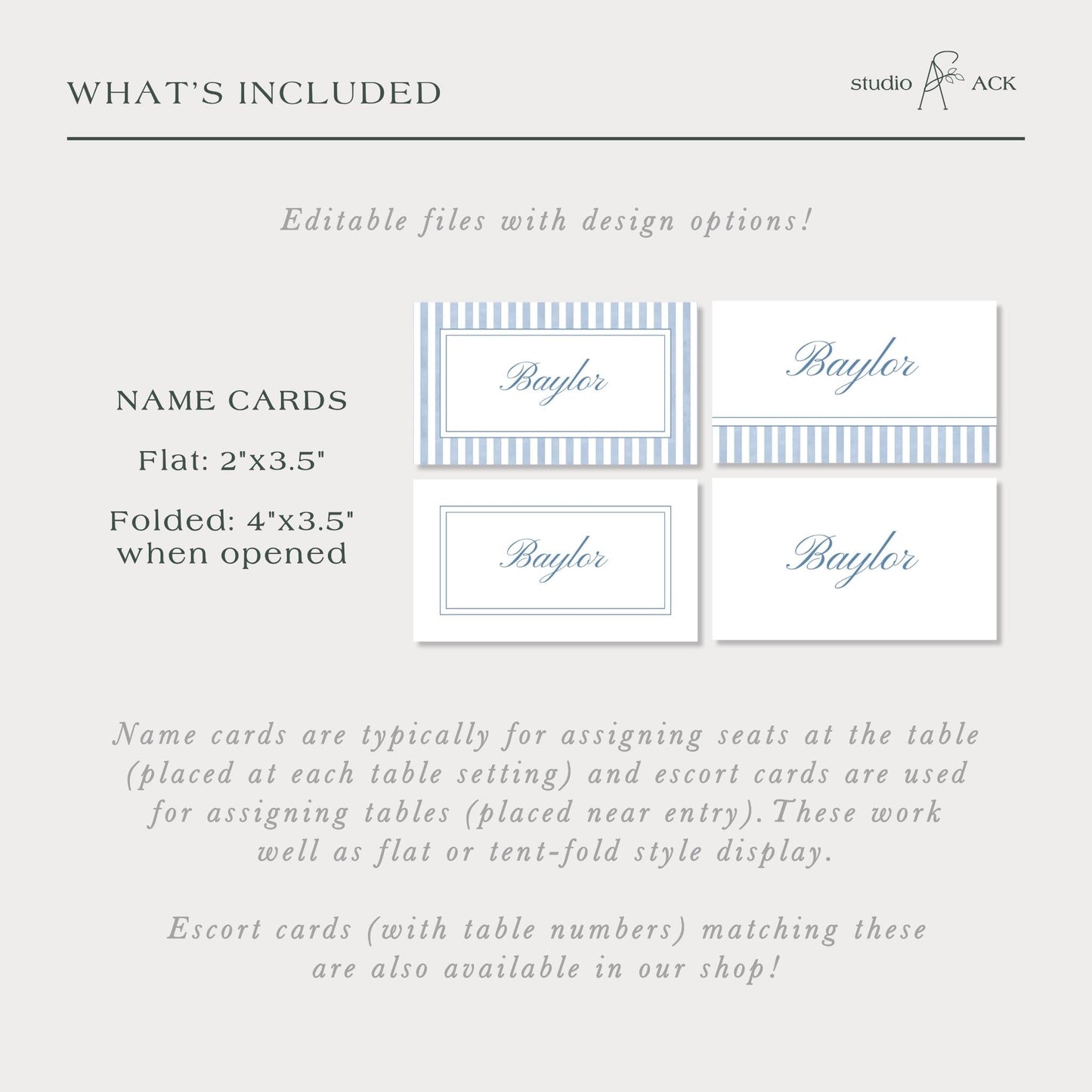 a collection of name cards and escort cards, which are typically used for assigning seats at a table and displaying table numbers, respectively. The name cards are typically used for seating arrangements, while escort cards are used for displaying table numbers. The image showcases these items in a visually appealing manner, highlighting their design and functionality.
