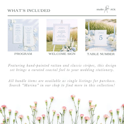 The image is a collage of three different wedding stationery items, including a program, a welcome sign, and a table number. The items are available as single listings for purchase and are available in the shop.