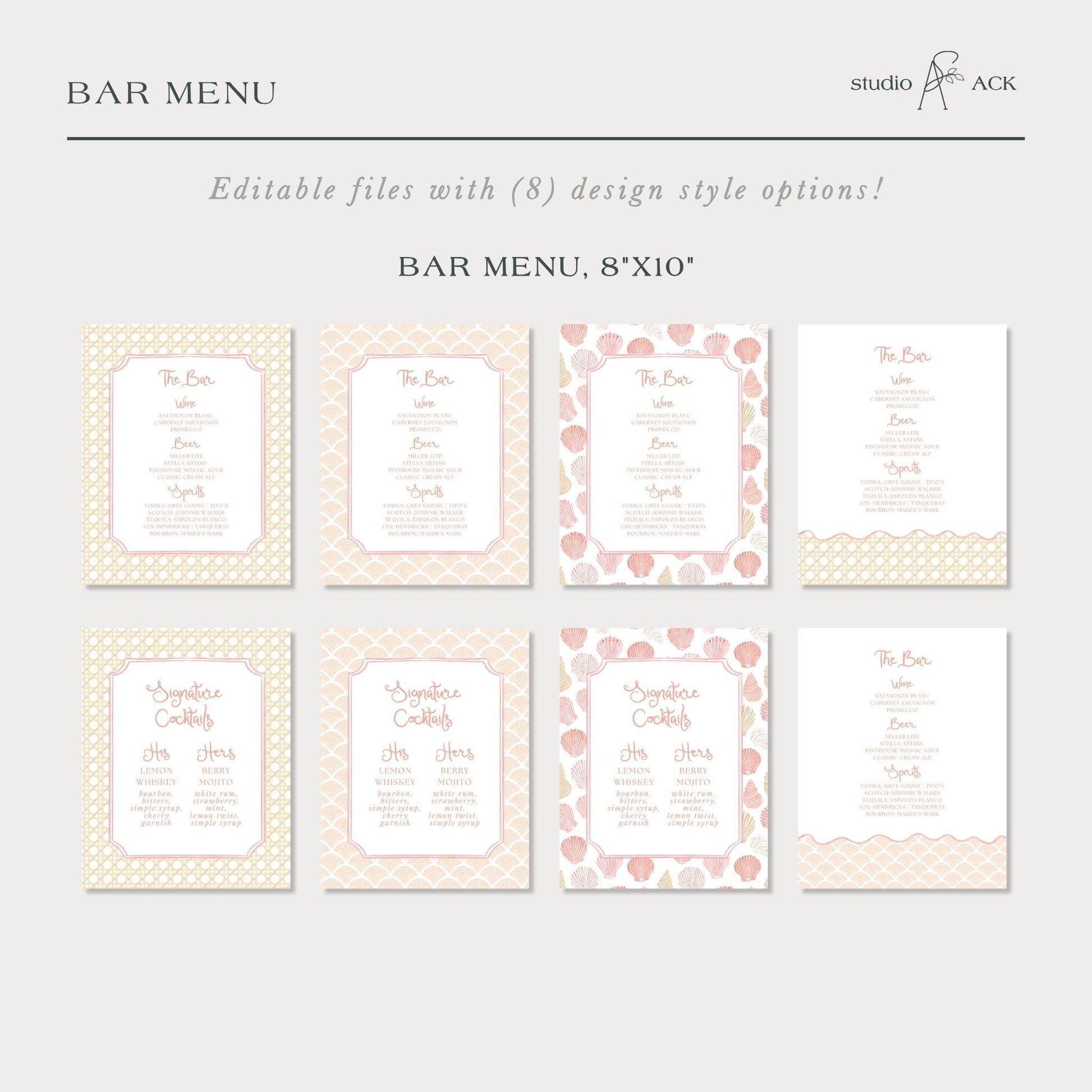 a collection of six different bar menu designs, each with a unique pattern and layout. The bar menu designs include a white background with a pink and white pattern, a white background with a pink and white pattern, and a white background with a pink and white pattern. The bar menu designs feature various text elements such as the title, drink names, and drink descriptions, providing a clear and visually appealing layout for a bar menu.