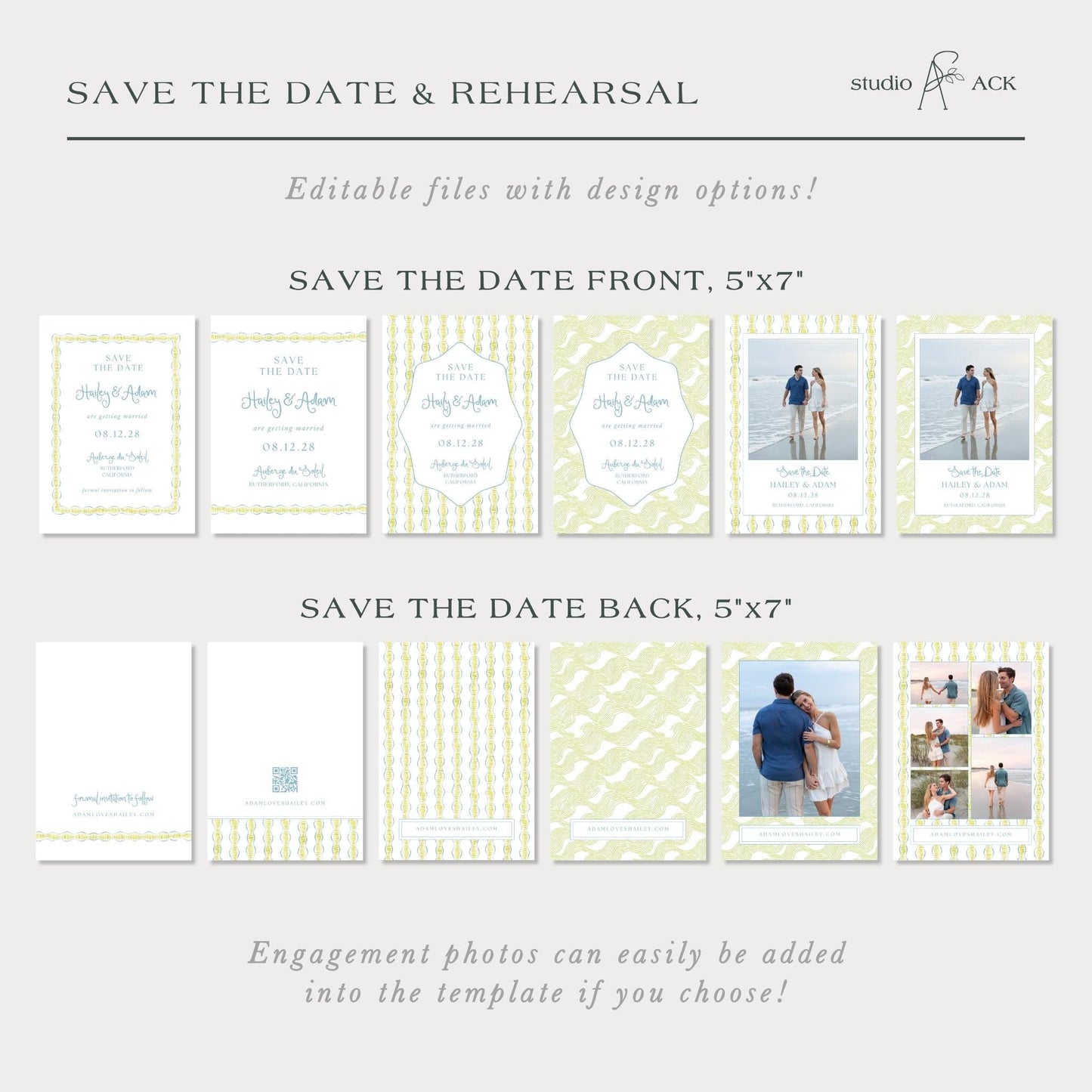 a collection of wedding invitation designs, including front and back views, with various design options and text for the save the date and rehearral process.