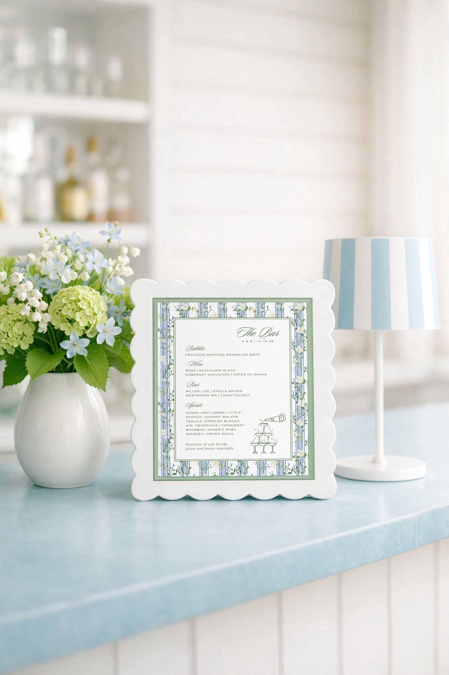 Blue, White & Green Wedding Bar Menu Template