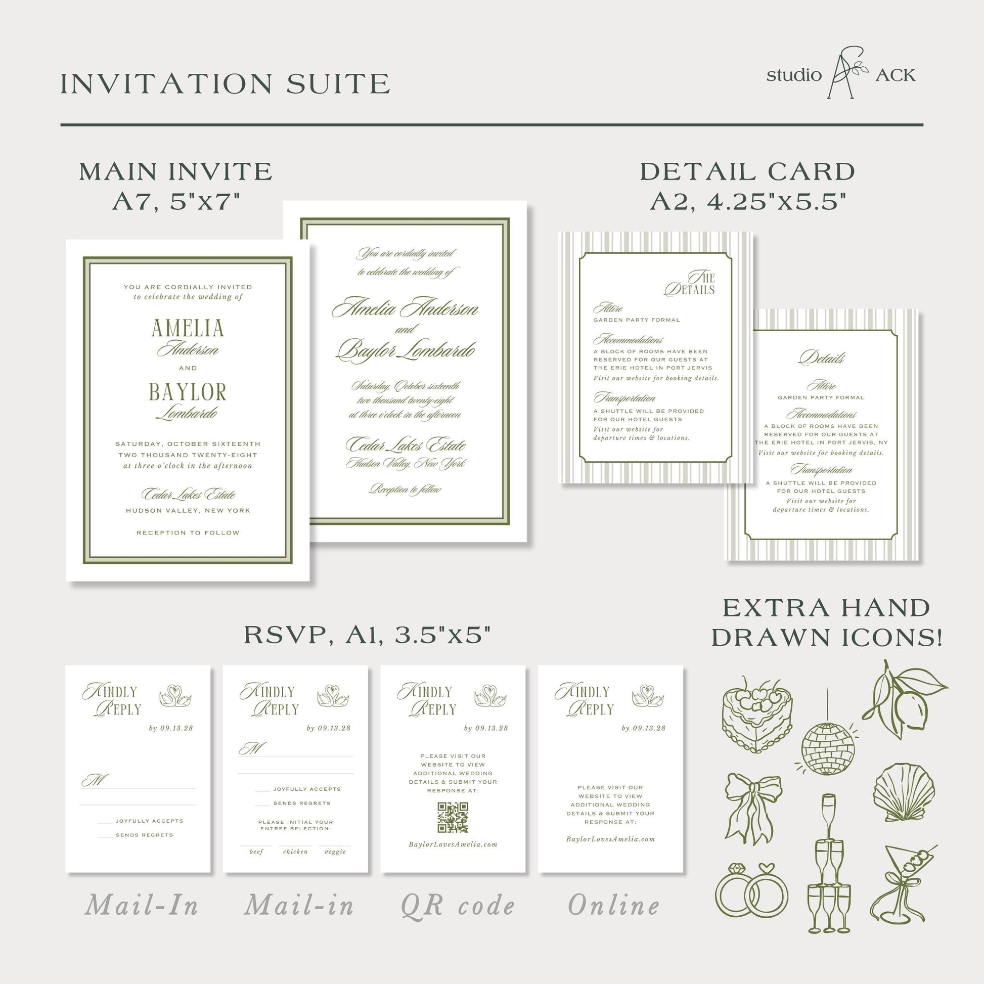 a collection of wedding invitation suite details, including the main invitee details, a detailed card, and extra hand drawn icons.