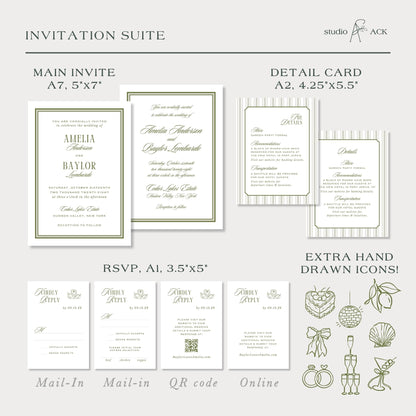 a collection of wedding invitation suite details, including the main invitee details, a detailed card, and extra hand drawn icons.