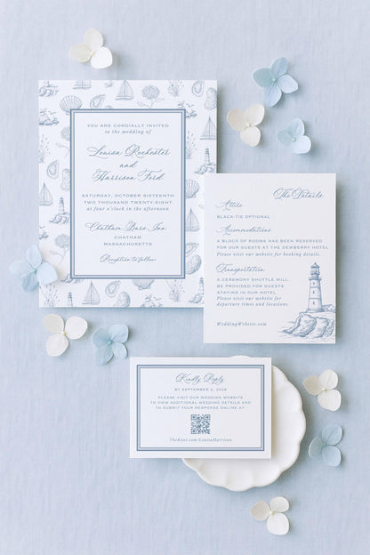 Coastal Toile Wedding Invitation Suite Template