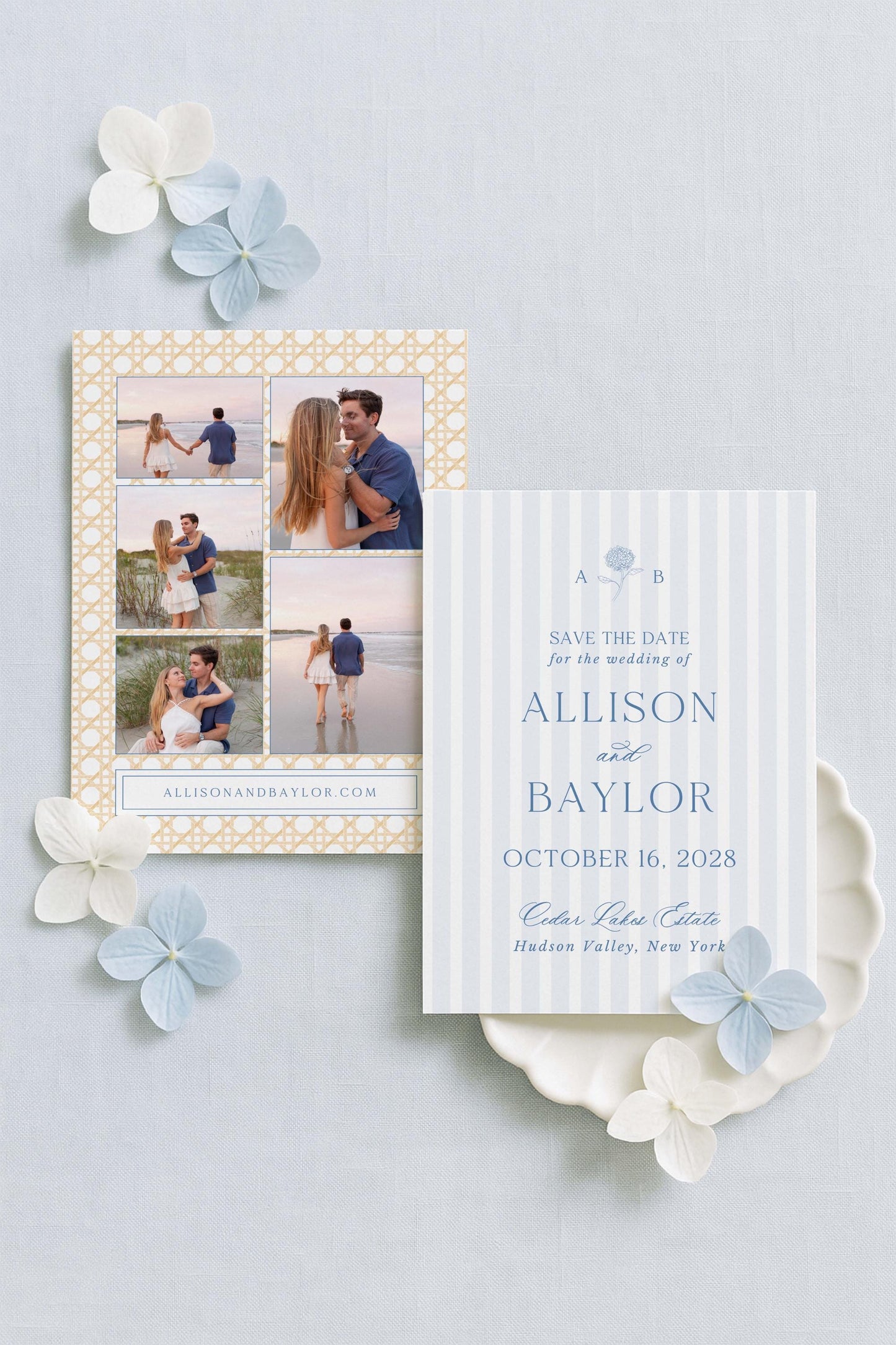 The image is a wedding invitation featuring a couple, Allison and Bayl, who are getting married on October 16, 2008 in Cedar Falls, New Jersey. The invitation is adorned with a collage of photos and flowers, creating a romantic and celebratory atmosphere.