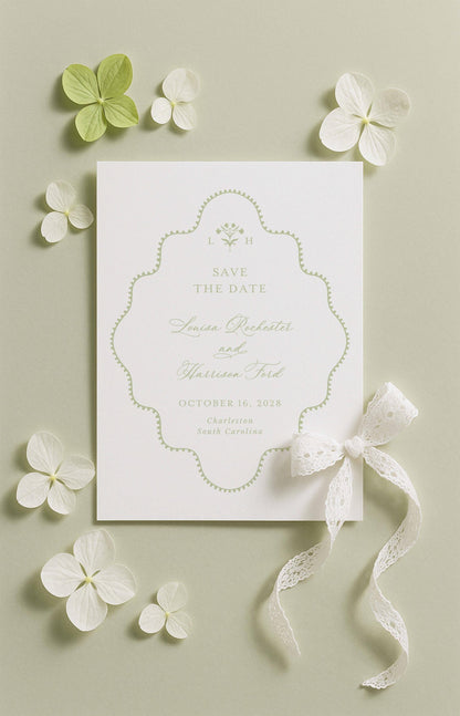a white wedding invitation card with a scalloped edge, surrounded by white flowers and a white ribbon.