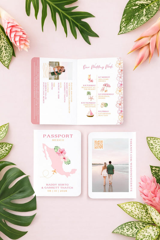 Pink & Orange Tropical Wedding Passport Invitation Template