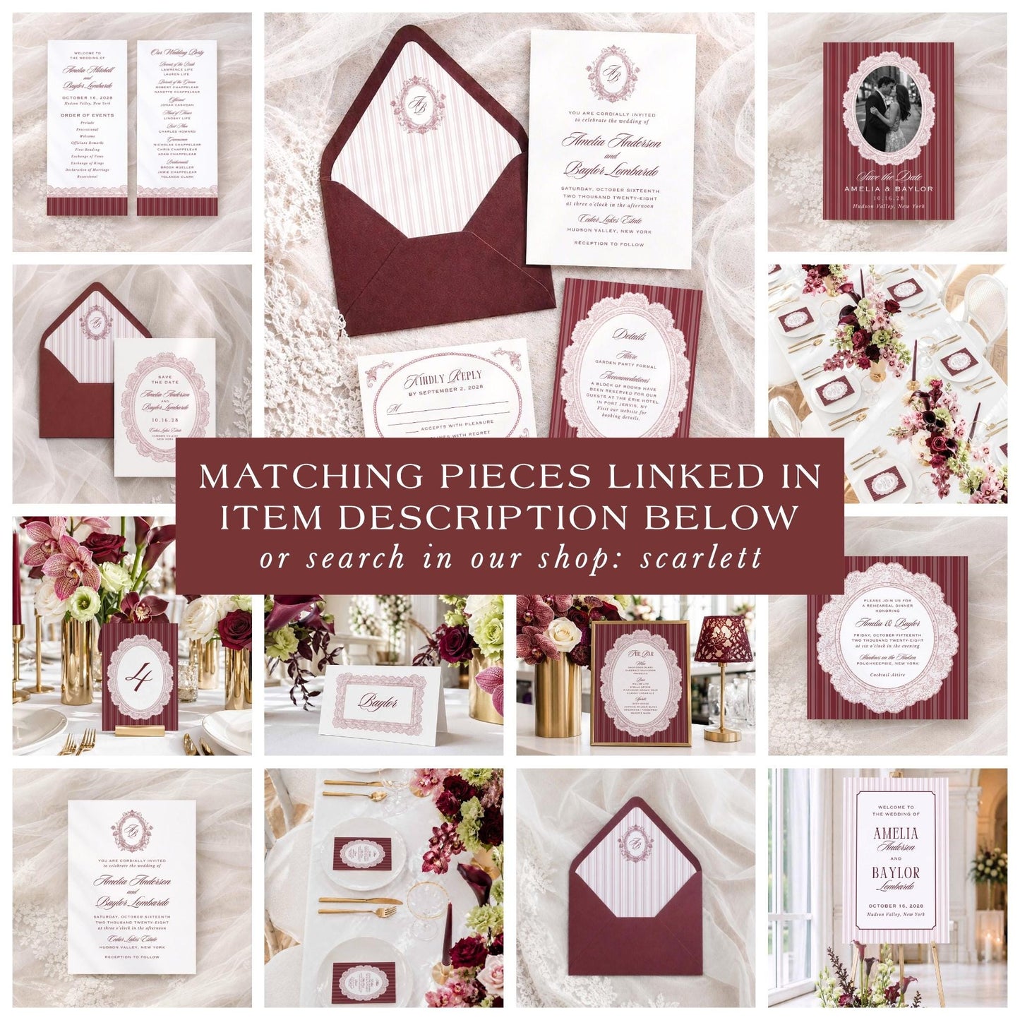 The image is a collage of various wedding-related items, including invitations, stationery, floral arrangements, and other decorative elements, all featuring a maroon and white color scheme.