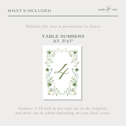 Blue, White & Green Wedding Table Number Template