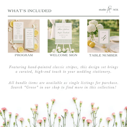The image is a collage of three different wedding stationery items, including a program, a welcome sign, and a table number.