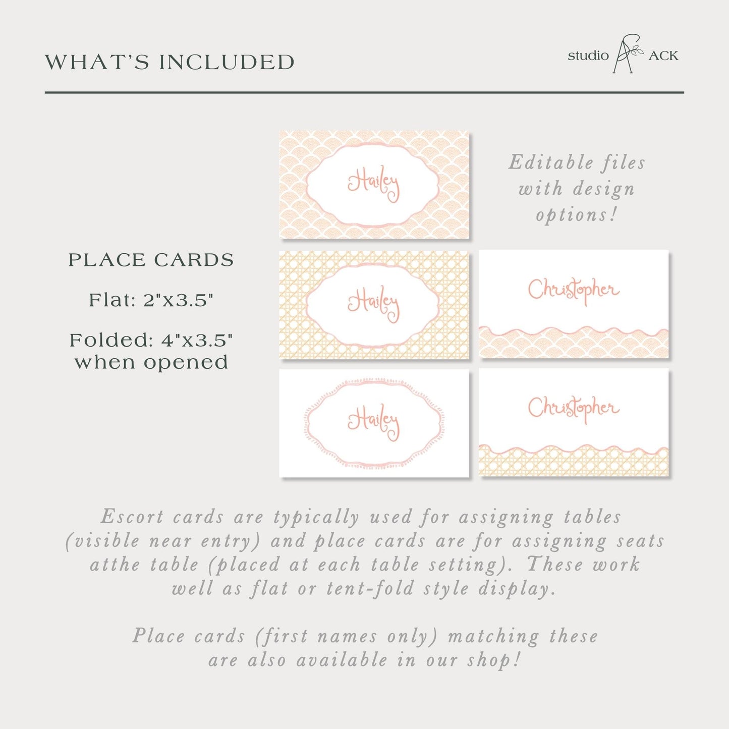 a collection of place cards, which are typically used for assigning tables (visible near entry) and place cards are for assigning table seats at the table (placed at each table setting). These work well as flat or tent-fold style display.