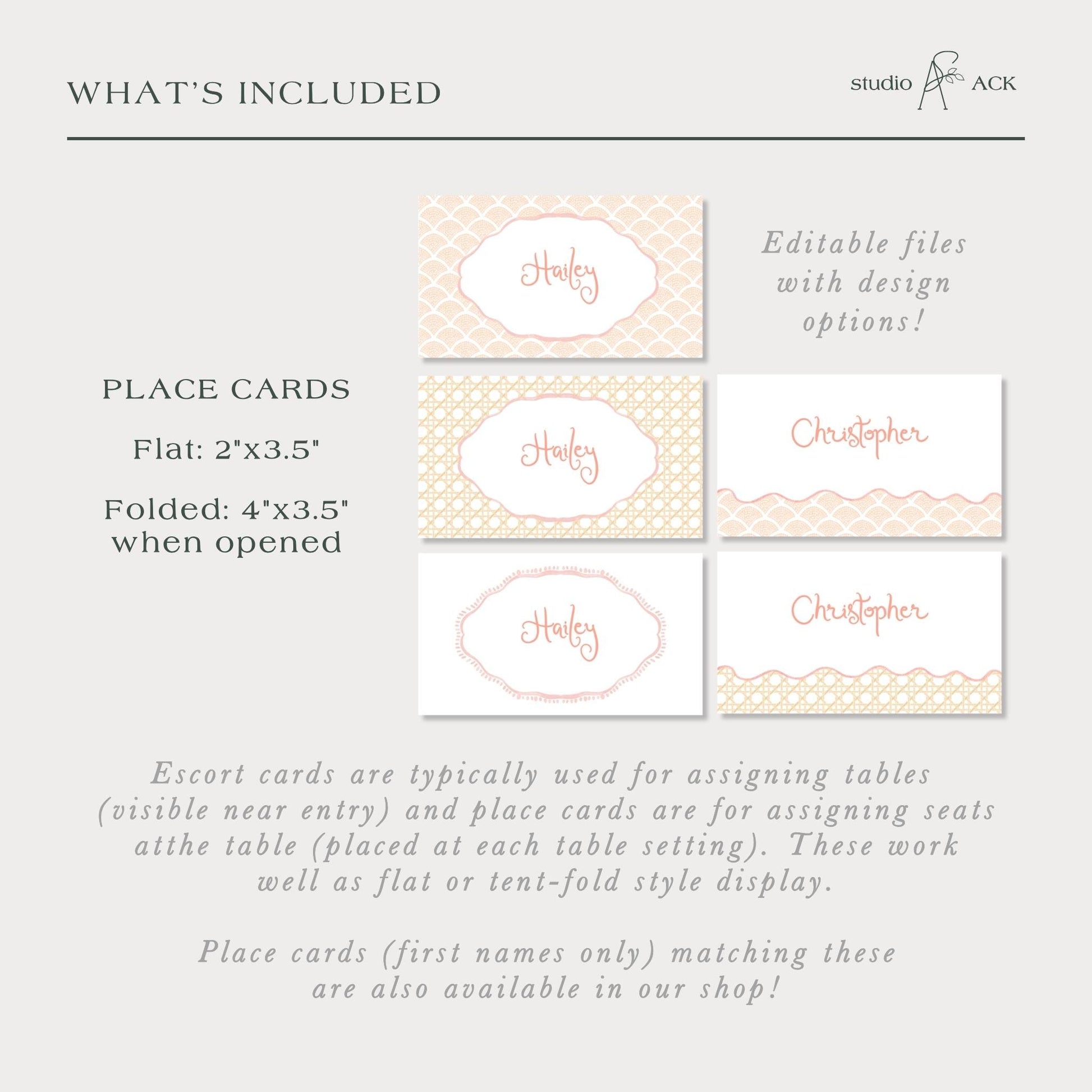 a collection of place cards, which are typically used for assigning tables (visible near entry) and place cards are for assigning table seats at the table (placed at each table setting). These work well as flat or tent-fold style display.