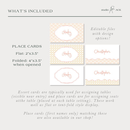 a collection of place cards, which are typically used for assigning tables (visible near entry) and place cards are for assigning table seats at the table (placed at each table setting). These work well as flat or tent-fold style display.