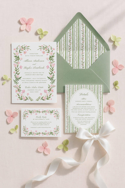 a wedding invitation set against a light pink background, surrounded by pink and green floral elements, and a green envelope.