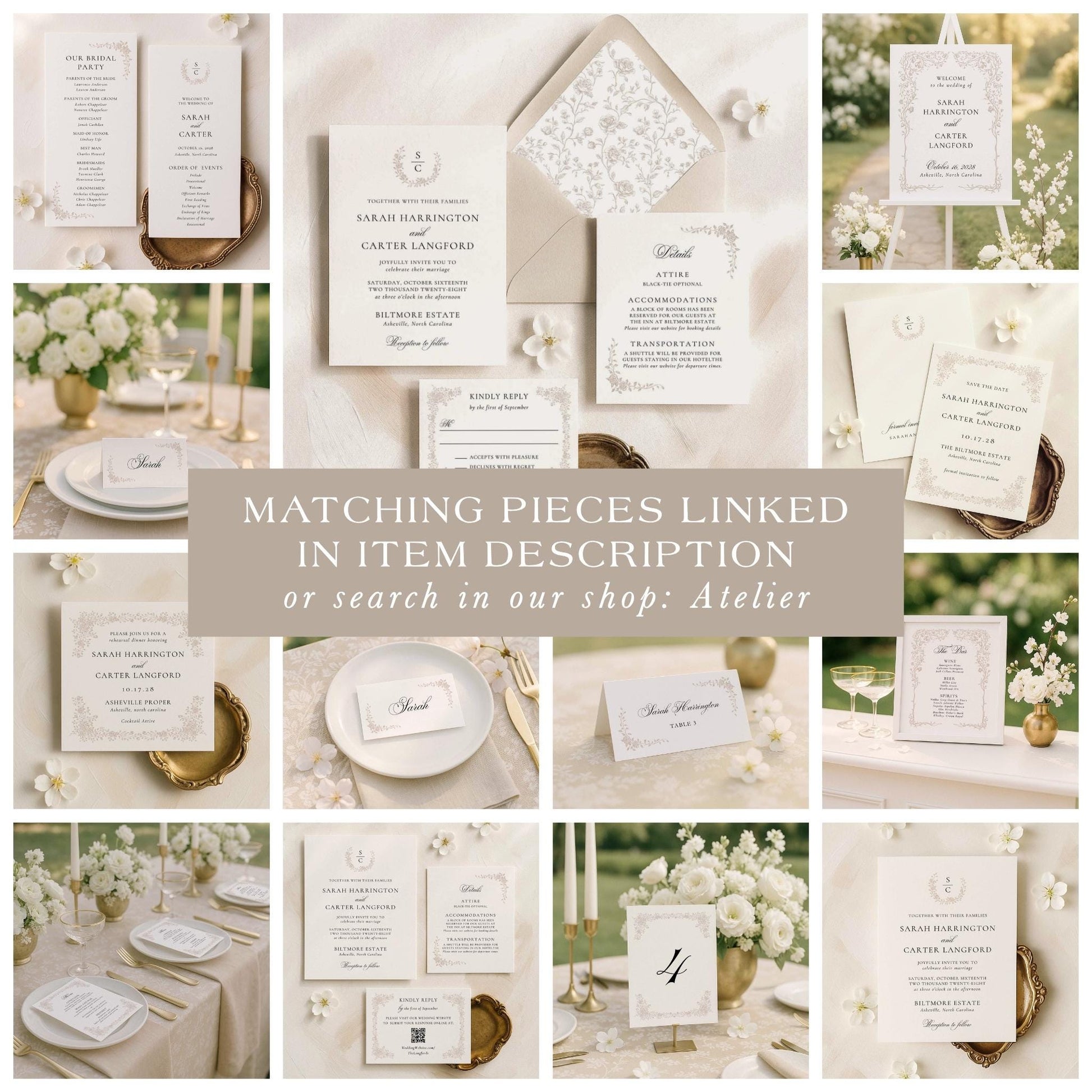 The image is a collage of various wedding-related items, including wedding invitations, place settings, floral arrangements, and other decorative elements, all in a neutral color palette.