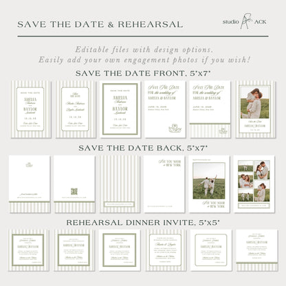 a collection of wedding invitation designs, including save the date and rehearal options, as well as various types of wedding invitations.