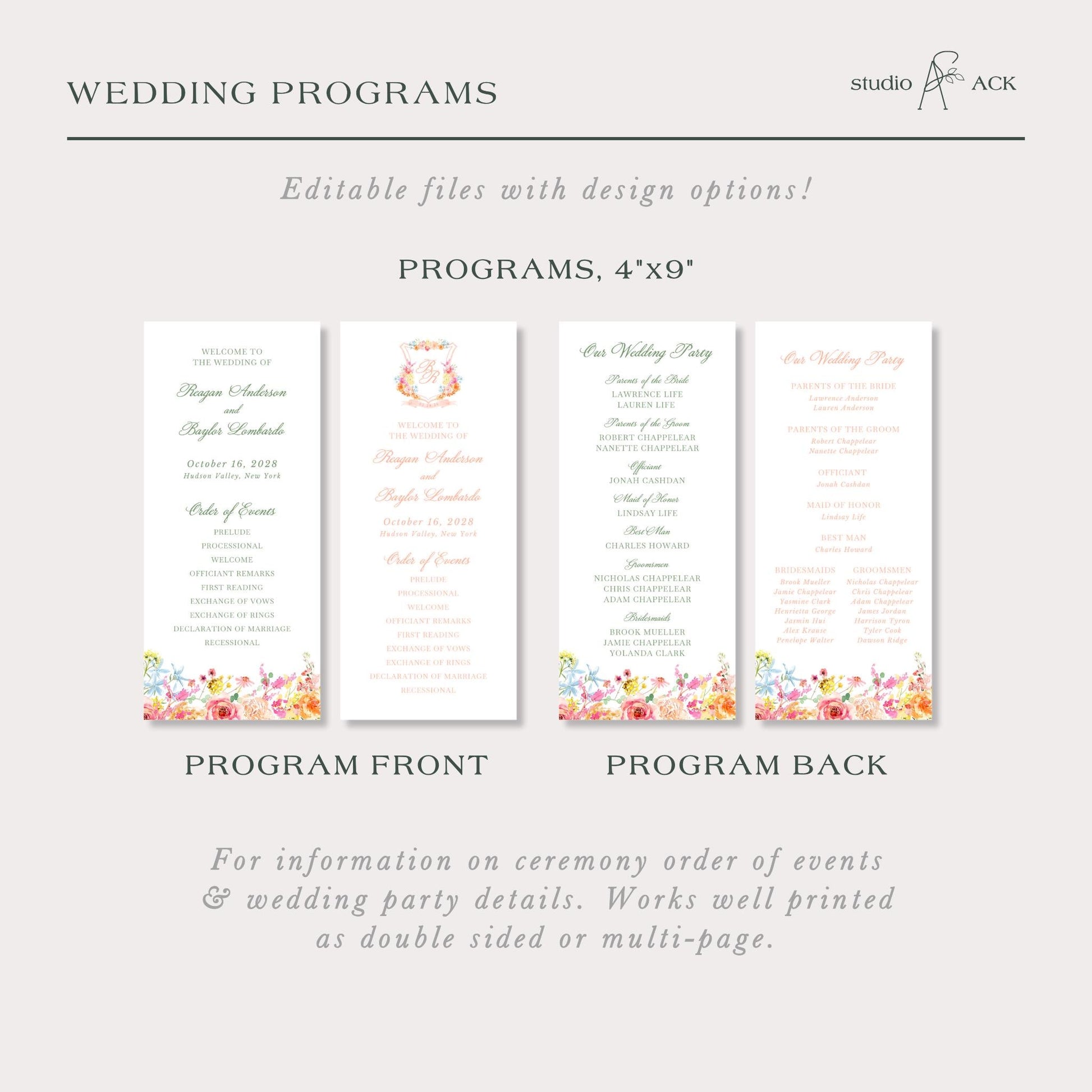 a wedding program with four different program front and program back designs, each with a floral border. The programs provide information on the ceremony order of events and wedding party details, and they are printed as double sided or multi-page.