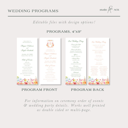a wedding program with four different program front and program back designs, each with a floral border. The programs provide information on the ceremony order of events and wedding party details, and they are printed as double sided or multi-page.