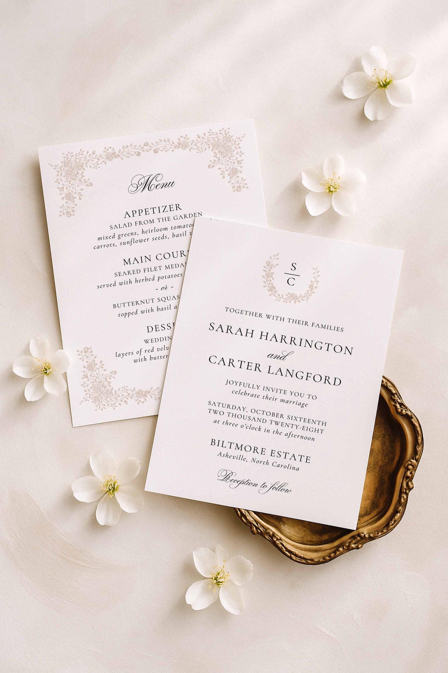 Neutral Floral Line Art Wedding Menu Template