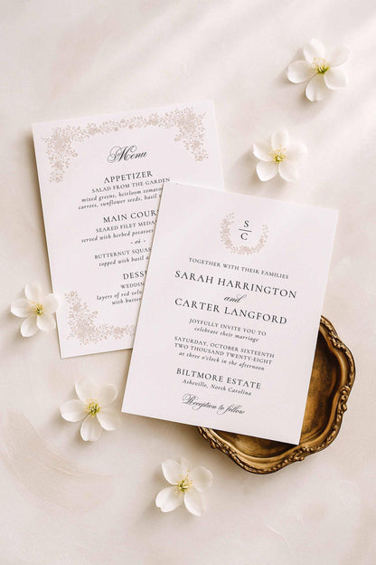 Neutral Floral Line Art Wedding Menu Template