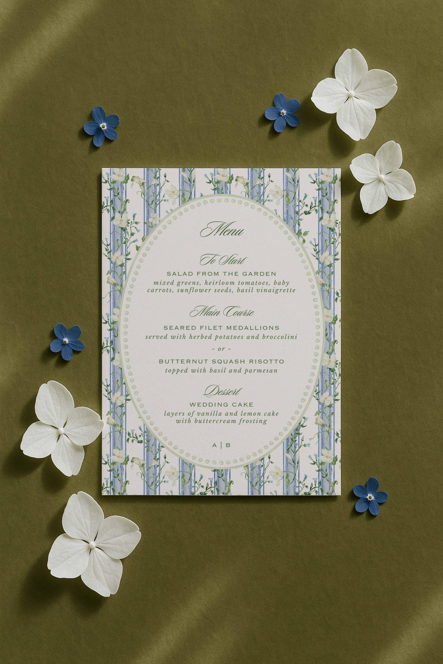 Blue, White & Green Wedding Menu Template