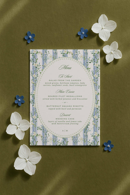Blue, White & Green Wedding Menu Template