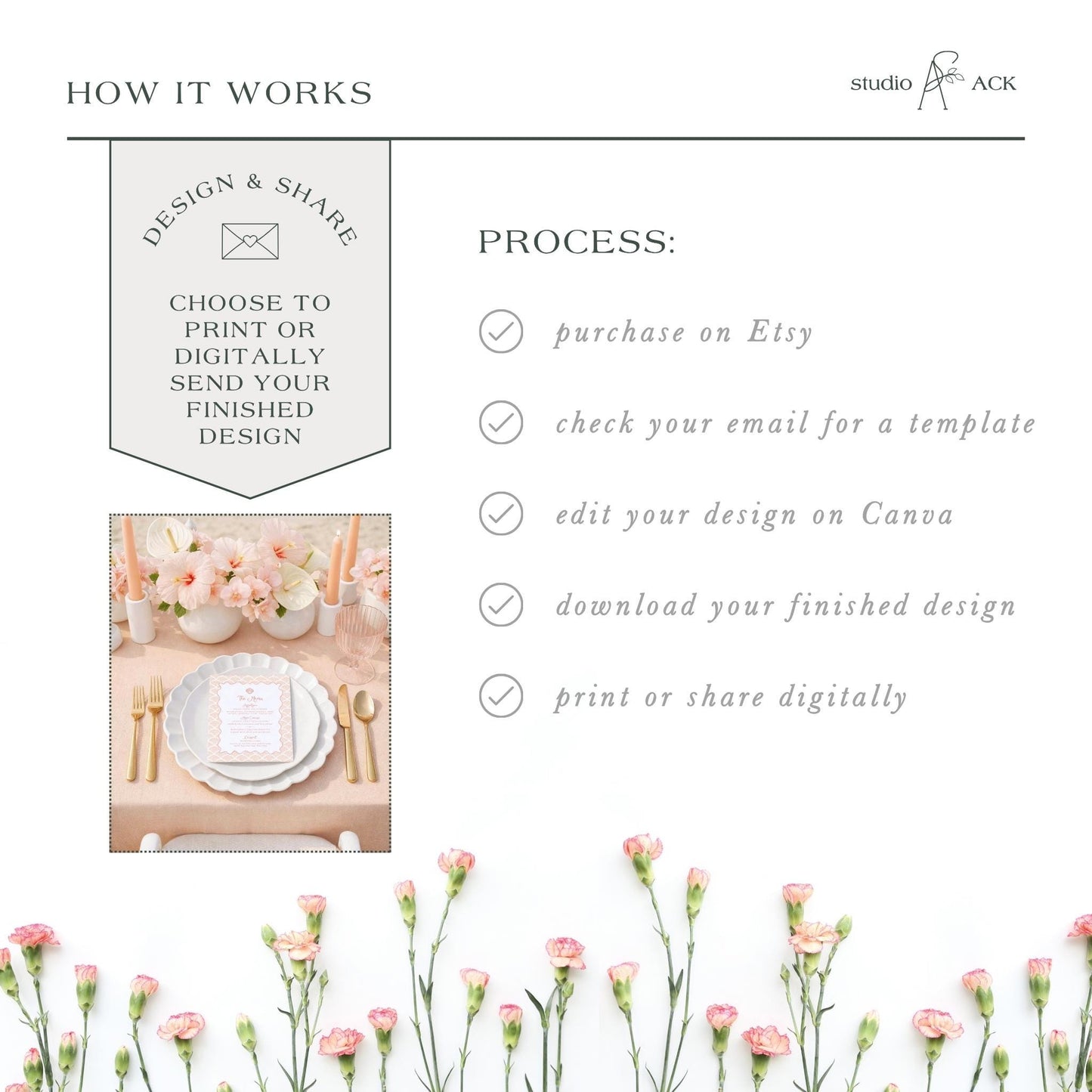 The image is a collage of two images. The top image shows a table set with a white plate, silverware, and a vase of pink flowers. The bottom image features a bouquet of pink flowers. The collage does not contain any text.